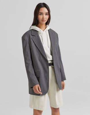 Bershka pinstripe blazer in grey
