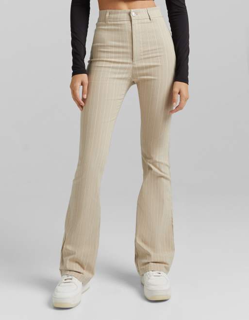 Bershka flared pants with seam detail in beige, ASOS