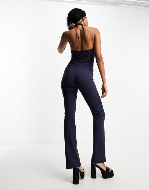 Bershka pinstripe halterneck tailored jumpsuit in navy