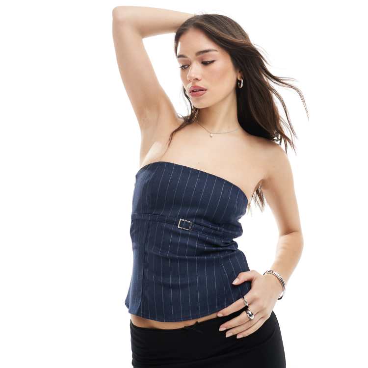 Bershka pinstripe tailored bandeau top in navy blue | ASOS