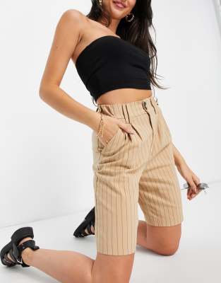 Bershka Bershka pinstripe tailored city short co-ord in beige-Neutral