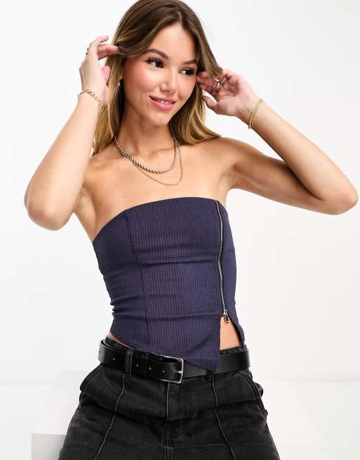 Bershka pinstripe tailored zip front bandeau in navy