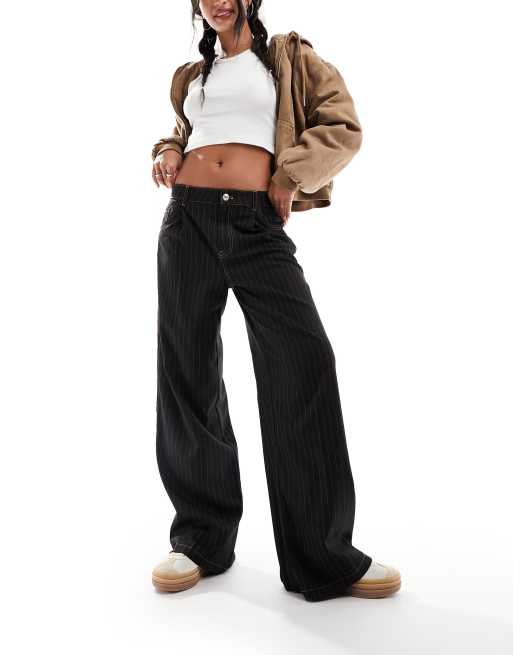 Bershka pinstripe wide leg pants in black