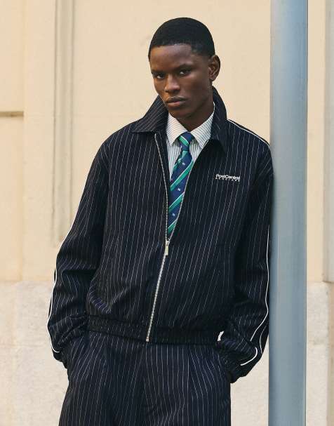 Bershka Pinstripe zip-up jacket in blue - view 1