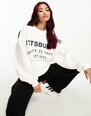 Bershka 'Pittsburgh' oversized sweatshirt in white | ASOS