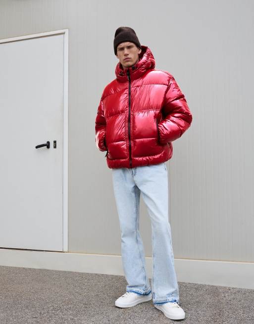 Bershka - Piumino rosso con cappuccio, 3 di 4