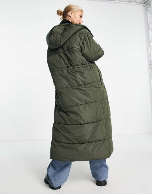Bershka - Piumino taglio lungo verde scuro con cappuccio , 4 di 4