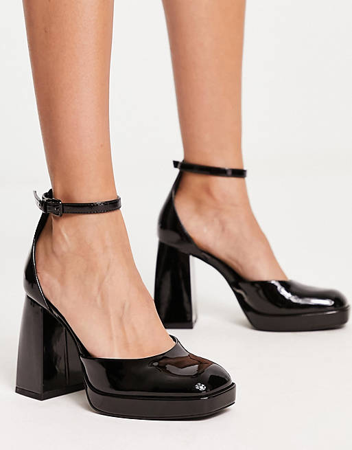Bershka platform heeled shoe in black patent | ASOS