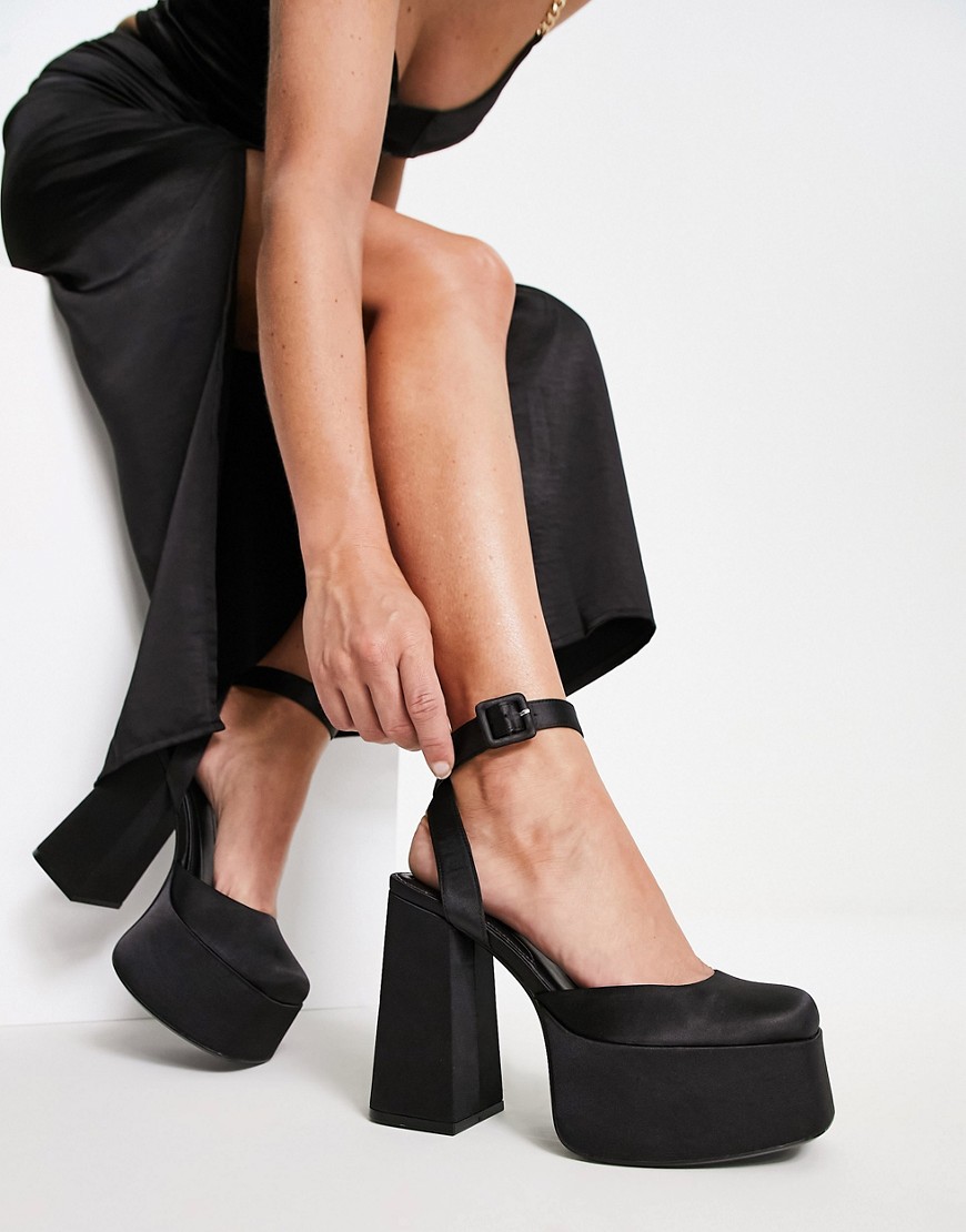 Bershka platform heeled shoe in black satin