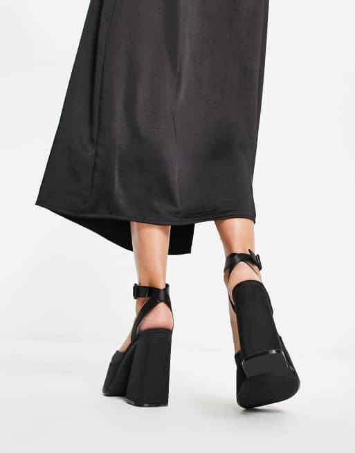 Bershka platform heeled shoe in black satin