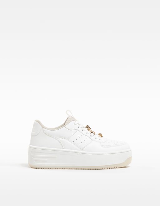 Bershka platform retro sneakers with bejewelled lace in white ASOS