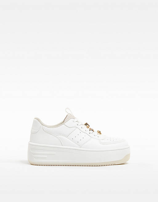 Bershka platform retro trainer with bejewelled lace in white