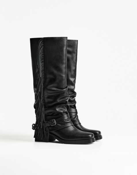 Bershka - Platte laarzen met franjes in zwart - view 1
