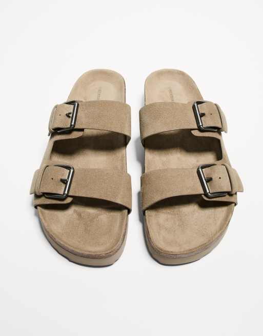 Bershka - Platte slipper sandalen met gespen in beige, 3 van 4