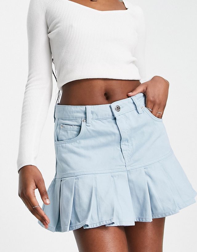 Bershka pleat detail low waist 90s mini skirt in light blue