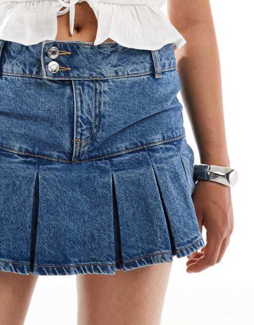 Bershka pleated denim mini skirt in light wash blue | ASOS
