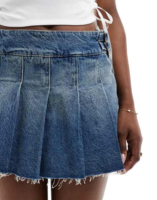 Bershka pleated denim mini skirt in mid wash blue | ASOS