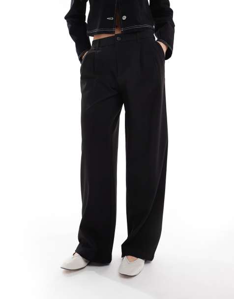Bershka pleated front wide leg tailored trousers in black