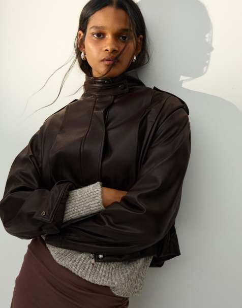 Bershka Pleated leather effect jacket in brown - view 1