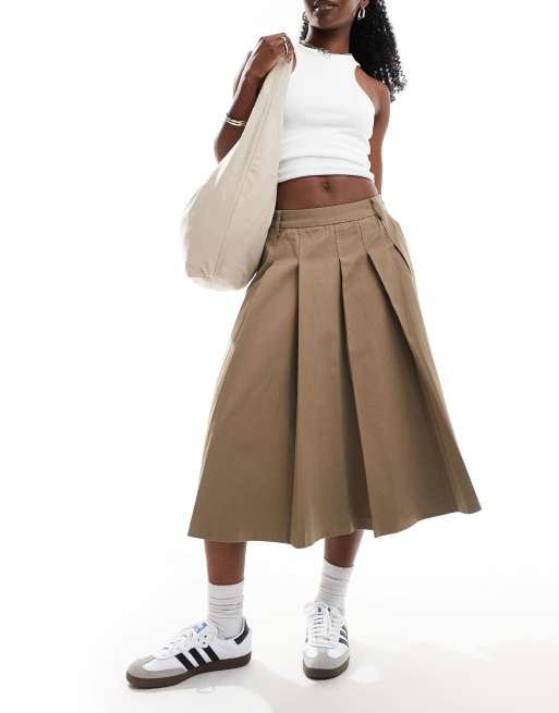 Bershka pleated maxi skirt in beige