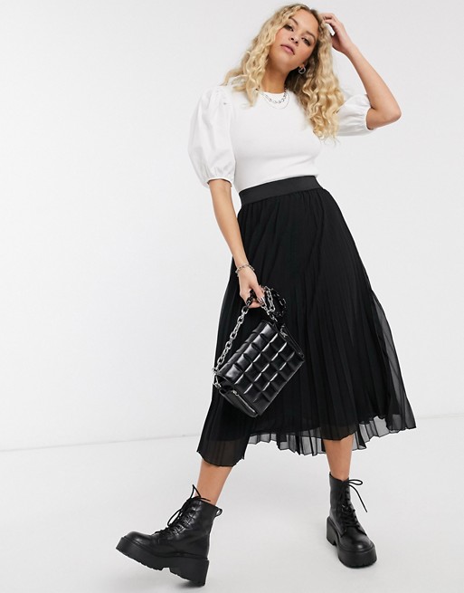 Bershka pleated midi skirt with elasticated waist in black