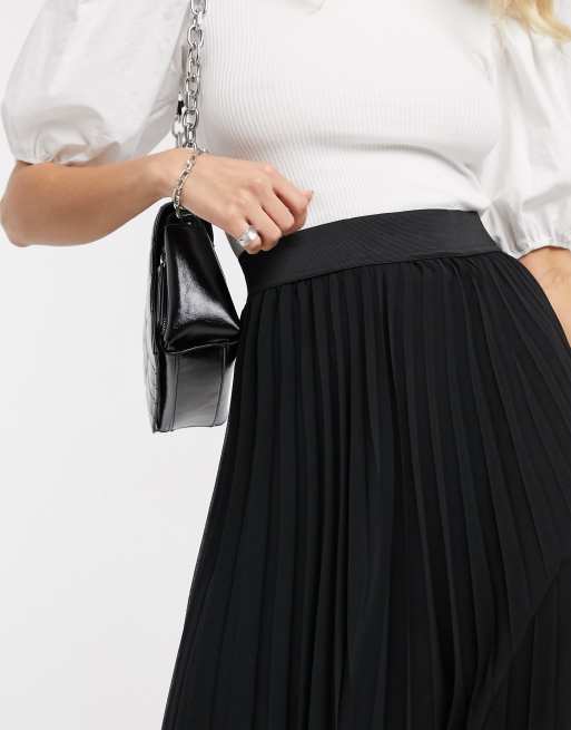 Bershka pleated midi skirt with elasticated waist in black