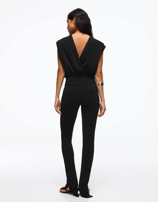 Bershka Pleated open-back bodysuit in black, 3 of 5