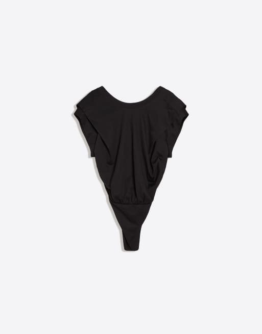 Bershka Pleated open-back bodysuit in black, 5 of 5