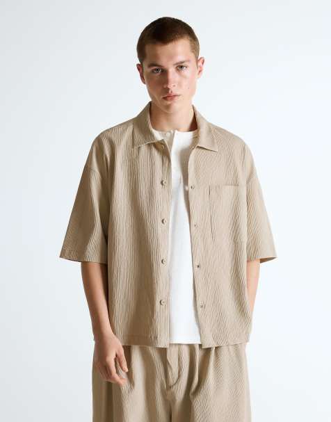 Bershka Pleated short sleeve boxy shirt in beige - view 1