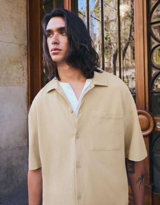 Bershka Pleated short sleeve boxy shirt in beige, 4 of 4