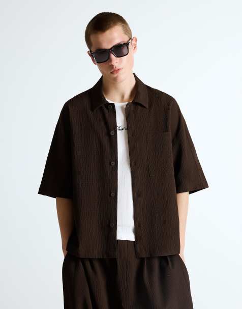 Bershka Pleated short sleeve boxy shirt in brown - view 1