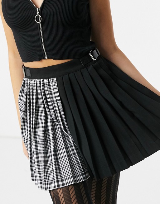 Bershka spliced pattern check mini pleated tennis skirt in black