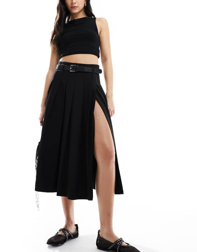 Bershka pleated tailored midi skirt with belt in black | ASOS