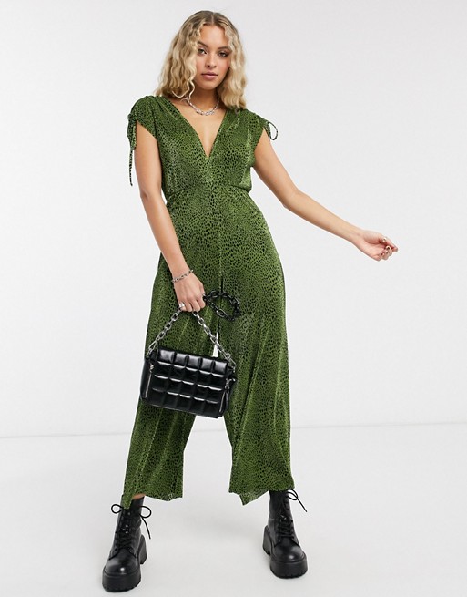 Bershka plisse abstract print jumpsuit in dark green