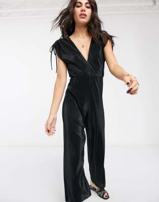 Bershka plisse jumpsuit with tie sleeves in black