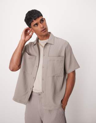 Bershka plisse pocket shirt co-ord in light brown-Neutral