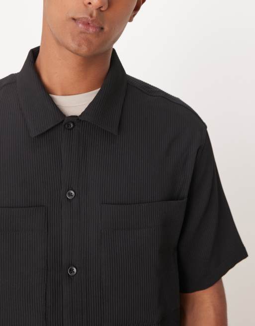 Bershka plisse pocket shirt in black (part of a set), 4 of 4