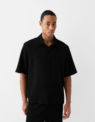 Bershka plisse shirt co-ord in black