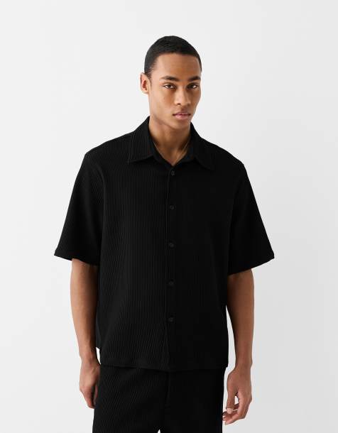 Bershka plisse shirt co-ord in black - view 1