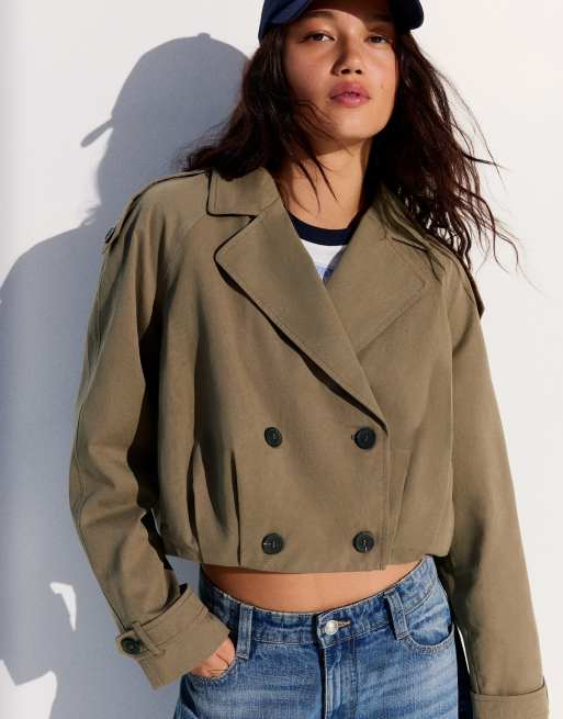 Bershka plisserad kort trenchcoat i beige, 2 av 6