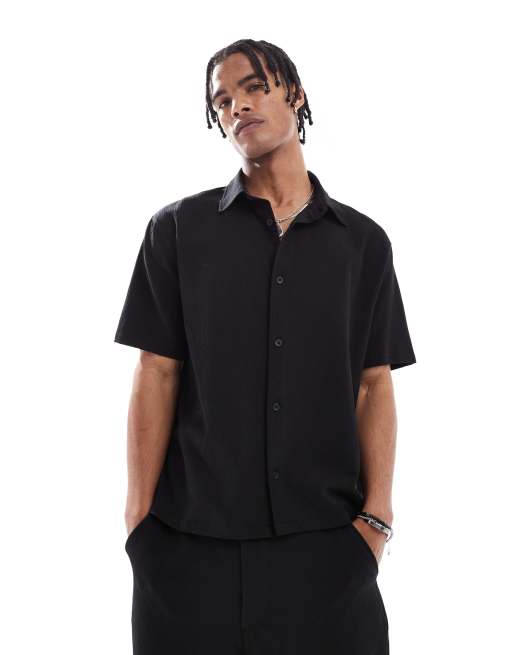 Bershka – Plissiertes Relaxed Fit Hemd in Schwarz, Kombiteil