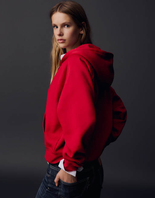 Bershka pluchen jack met capuchon en rits in rood, 3 van 5