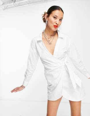 Bershka plunge v neck wrap dress in white