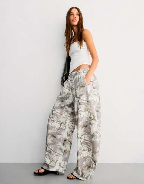 Bershka Plush barrel printed trousers in beige