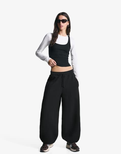 Bershka Plush barrel trousers in black