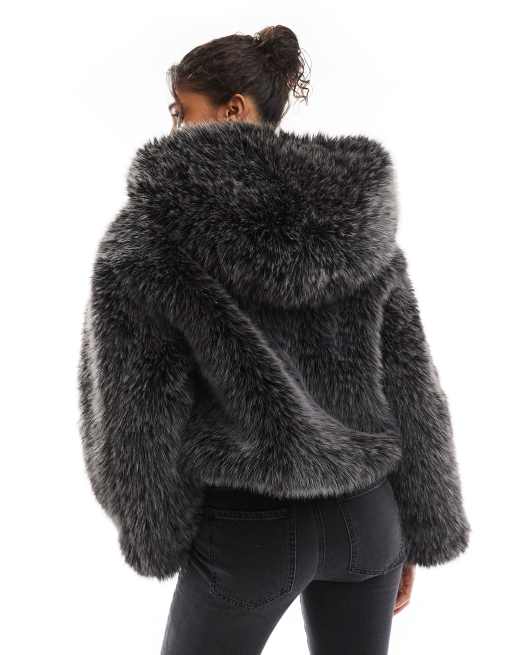 Bershka plush faux fur hooded jacket in gray | ASOS