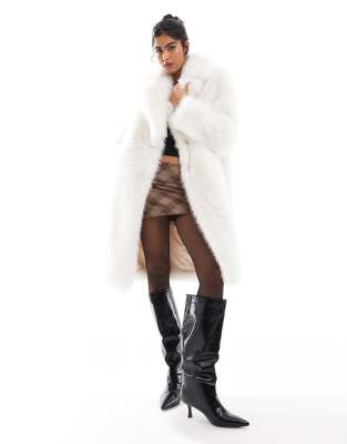 Bershka Plush Faux Fur Maxi Jacket In White