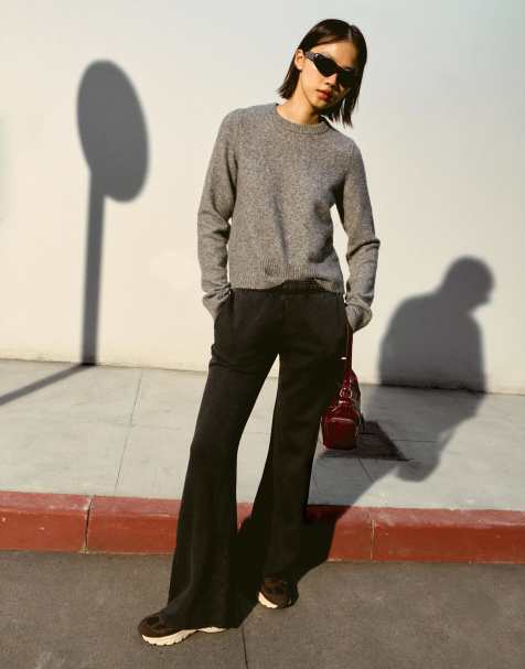 Bershka Plush flare trousers with frayed hems in grey&black