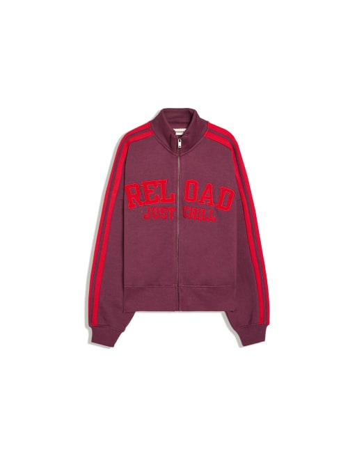 Bershka Plush zip-up sweatshirt with patch in burgundy, 2 of 2