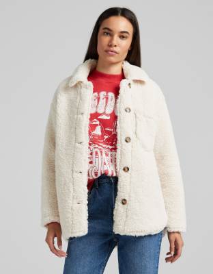 Bershka pocket detail borg shacket in ecru - ASOS Price Checker